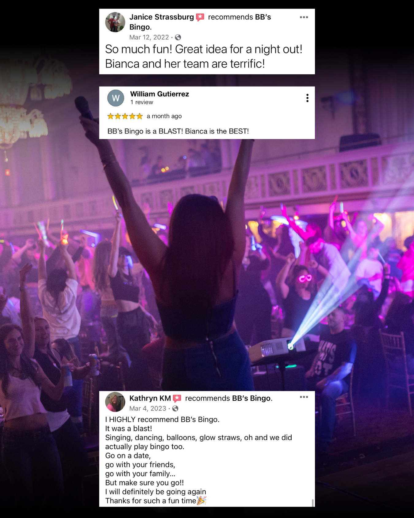 Screenshot of customer feedback on the awesome experience at BB’s Bingo