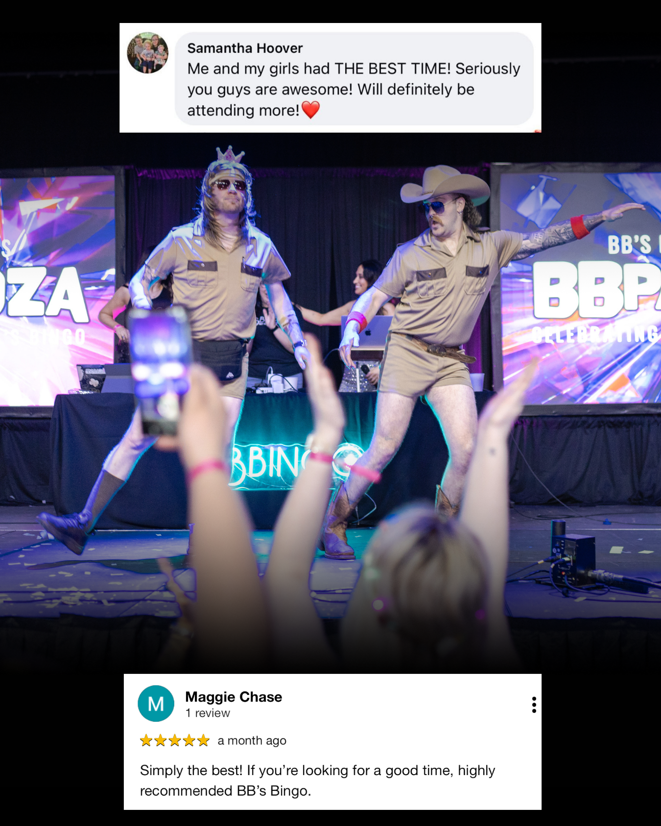 Five-star review from a guest highlighting the lively atmosphere at BB’s Bingo