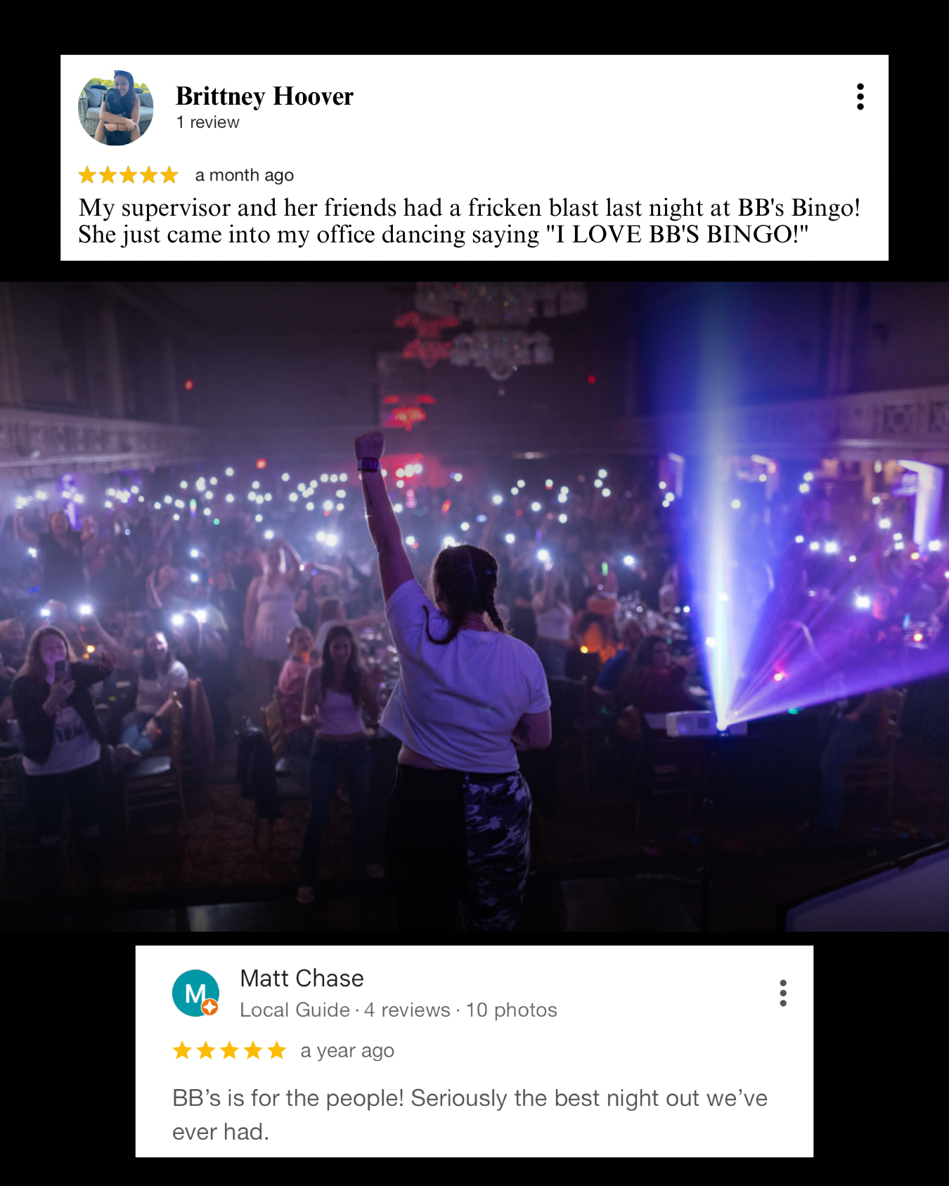 Positive testimonial about the fun and energy of BB’s Bingo