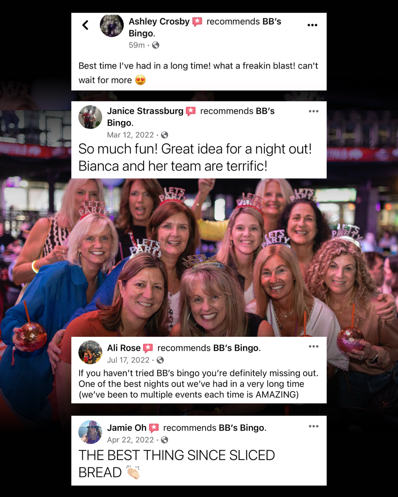 Screenshot of a glowing review praising BB’s Bingo for an unforgettable night out